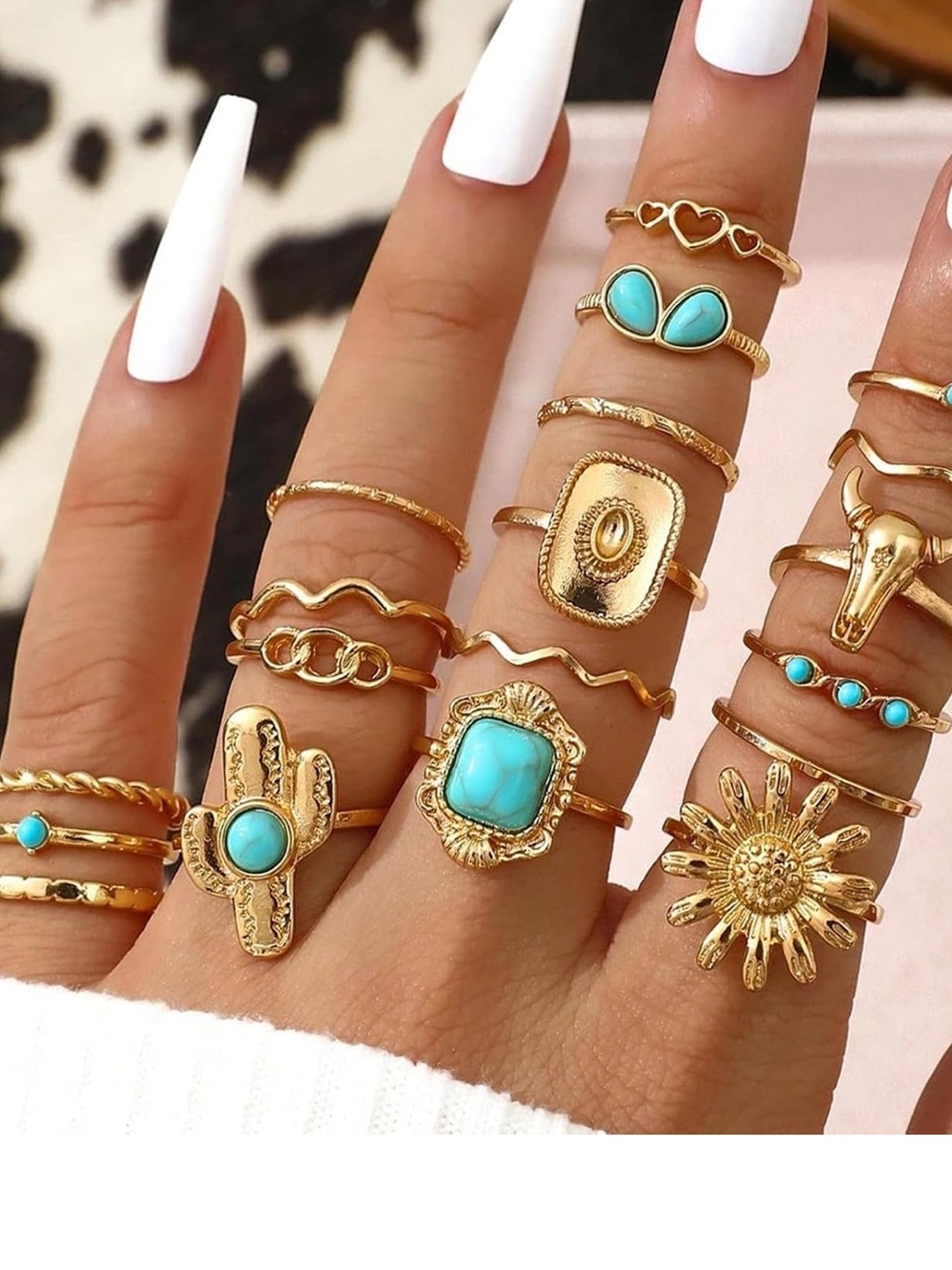 Anthropologie Gold & Turquoise Boho Stacking Ring Set